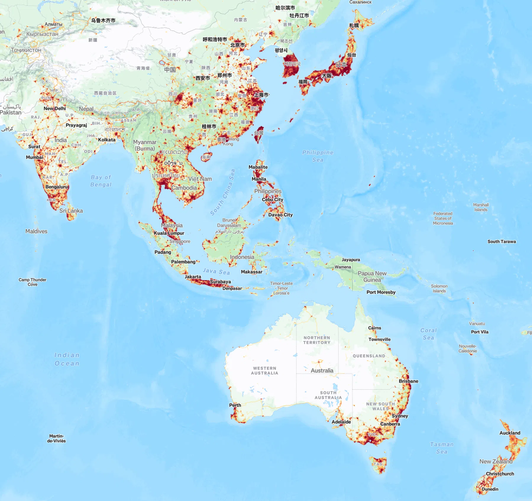 Strava-heatmap Azië en Oceanië